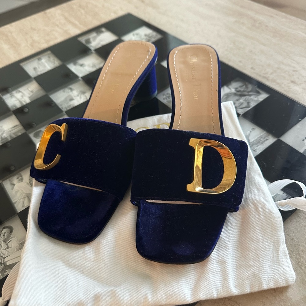 Authentic Dior Navy Velvet Slide Sandals with Gold CD Logo